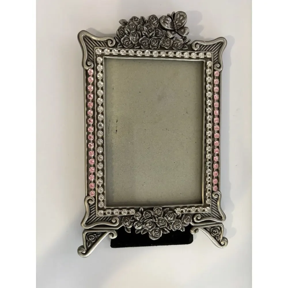 Silver Tone Pewter Photo Frame Floral Clear Pink Rhinestones
